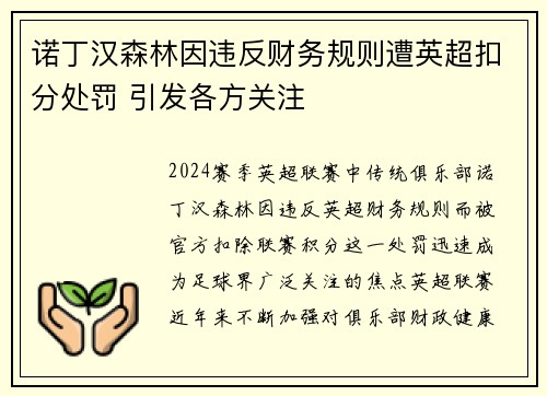 诺丁汉森林因违反财务规则遭英超扣分处罚 引发各方关注